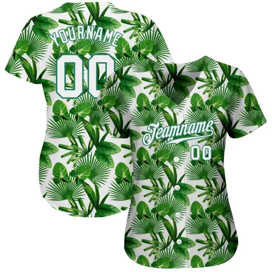 Camiseta Kelly de béisbol verde con diseño 3D de hojas y palmeras tropicales auténticas, color verde y blanco, personalizada. - Imagen 5