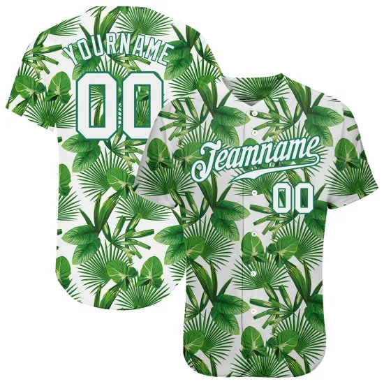 Camiseta Kelly de béisbol verde con diseño 3D de hojas y palmeras tropicales auténticas, color verde y blanco, personalizada.