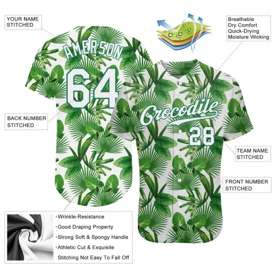 Camiseta Kelly de béisbol verde con diseño 3D de hojas y palmeras tropicales auténticas, color verde y blanco, personalizada. - Imagen 4