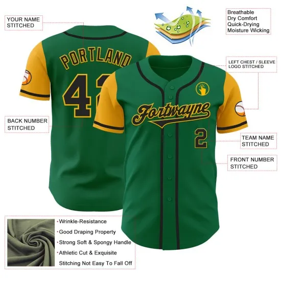 Jersey Kelly auténtico de béisbol verde personalizado en dos tonos negro y dorado - Imagen 4