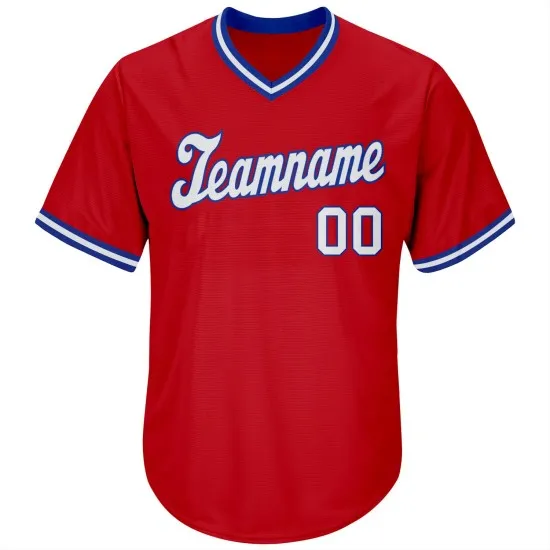 Camiseta retro personalizada de béisbol auténtica de punto acanalado en blanco y rojo rey - Imagen 7