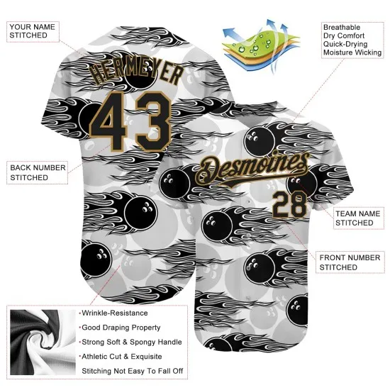 Camiseta Hotrod Flame Bowling, auténtico diseño personalizado en 3D con pelota de béisbol en negro y dorado antiguo y blanco. - Imagen 4