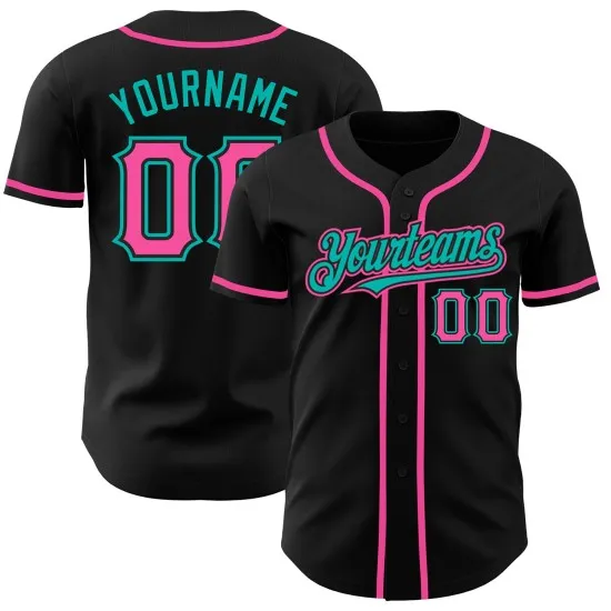 Camiseta auténtica de béisbol personalizada, color negro, rosa y aguamarina