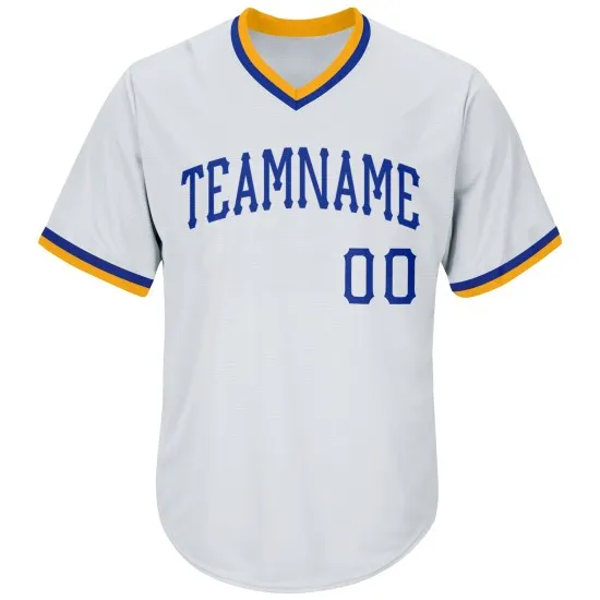 Camiseta de béisbol de punto acanalado, color azul real y dorado, estilo retro, personalizada, blanca y auténtica. - Imagen 7