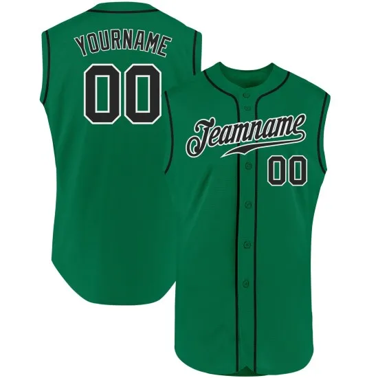 Camiseta de béisbol Kelly Green personalizada auténtica, sin mangas, negra y blanca