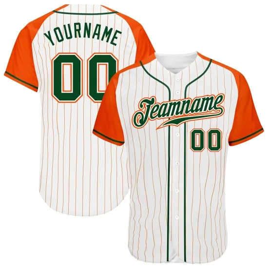 Camiseta de béisbol personalizada auténtica de rayas blancas, mangas raglán, verde y naranja.
