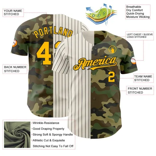 Camiseta de béisbol camuflada auténtica Salute Gold, personalizada, color crema y negro, a rayas, servicio de moda dividido. - Imagen 4