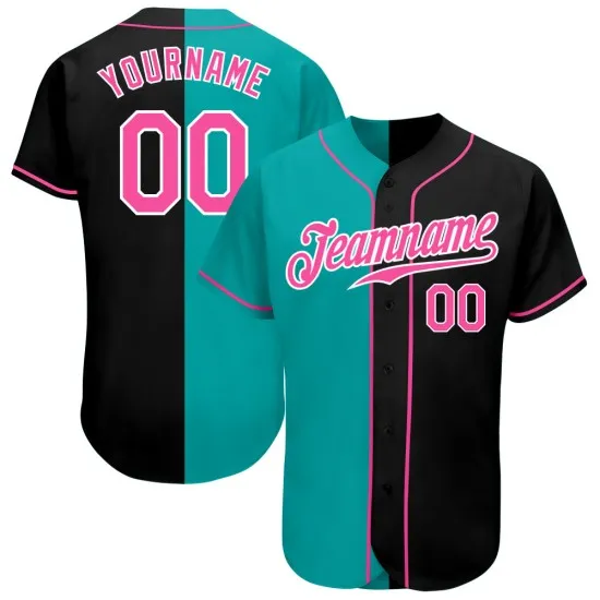 Camiseta de béisbol auténtica, personalizada, negra, rosa y aguamarina.