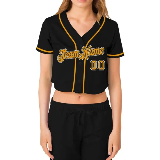 Camiseta de béisbol negra con cuello en V para mujer, personalizada, corta, dorada y blanca - Imagen 5