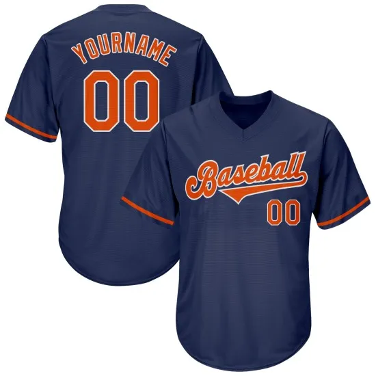 Camiseta personalizada auténtica de béisbol retro azul marino, naranja y blanco, de punto acanalado