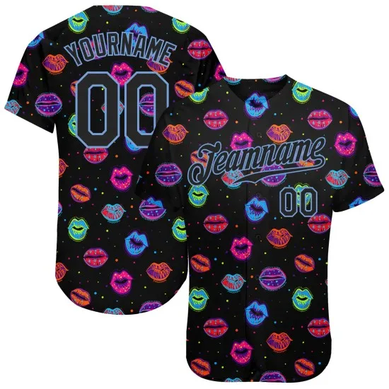 Camiseta de béisbol personalizada con grafiti, labios 3D, luz negra, puntos azules y un auténtico patrón de beso.