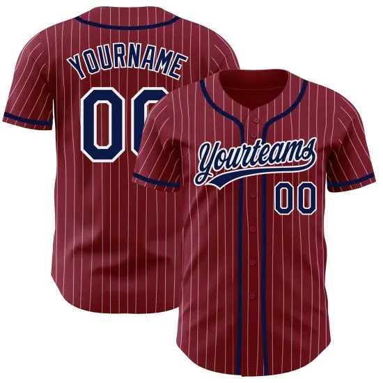 Camiseta de béisbol auténtica personalizada con rayas blancas, azul marino y carmesí