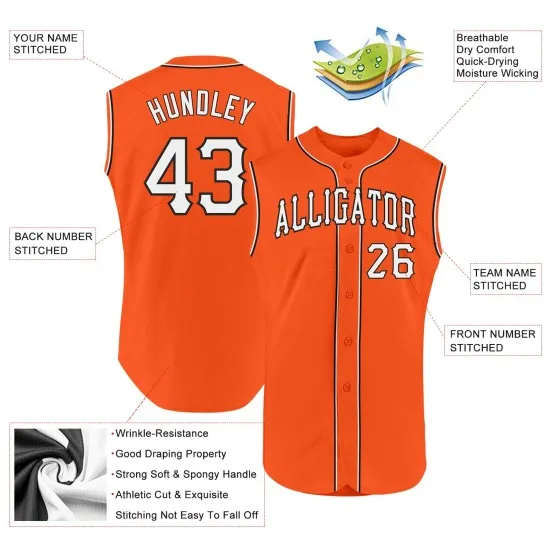 Camiseta de béisbol auténtica sin mangas, color naranja y blanco, personalizada y en negro. - Imagen 4