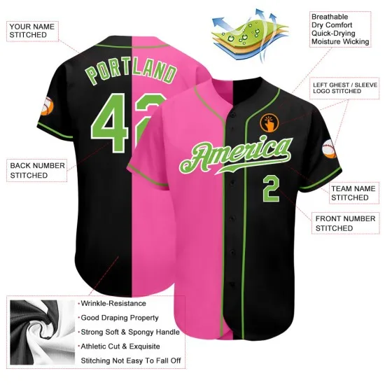 Jersey dividido verde-rosa neón moda béisbol negro auténtico personalizado - Imagen 4