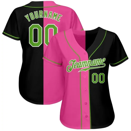 Jersey dividido verde-rosa neón moda béisbol negro auténtico personalizado - Imagen 5