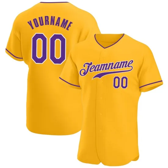 Camiseta de béisbol personalizada auténtica morada y blanca dorada