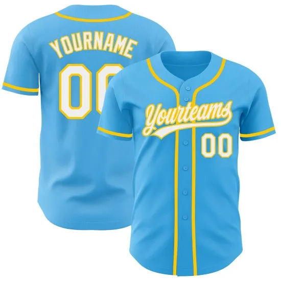 Camiseta de béisbol auténtica personalizada en blanco y amarillo, color azul cielo