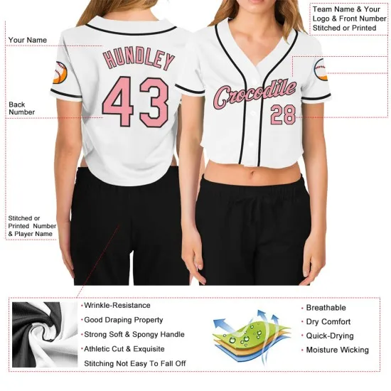 Camiseta de béisbol blanca mediana con cuello en V recortada, rosa y negra, personalizada para mujer - Imagen 4