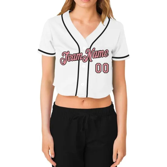 Camiseta de béisbol blanca mediana con cuello en V recortada, rosa y negra, personalizada para mujer - Imagen 5