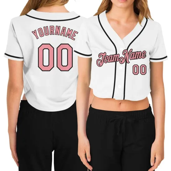 Camiseta de béisbol blanca mediana con cuello en V recortada, rosa y negra, personalizada para mujer