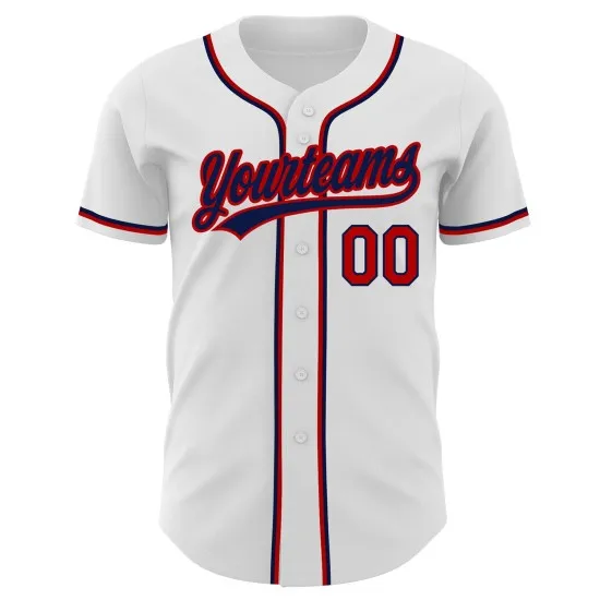 Camiseta de béisbol auténtica blanca personalizada, roja y azul marino - Imagen 5