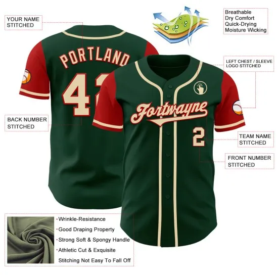 Camiseta de béisbol personalizada de dos piezas en tono crema-rojo y verde auténtico - Imagen 4